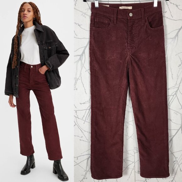 Levi's Maroon Corduroy High Rise Ribcage Ankle Straight Jeans - Picture 1 of 10